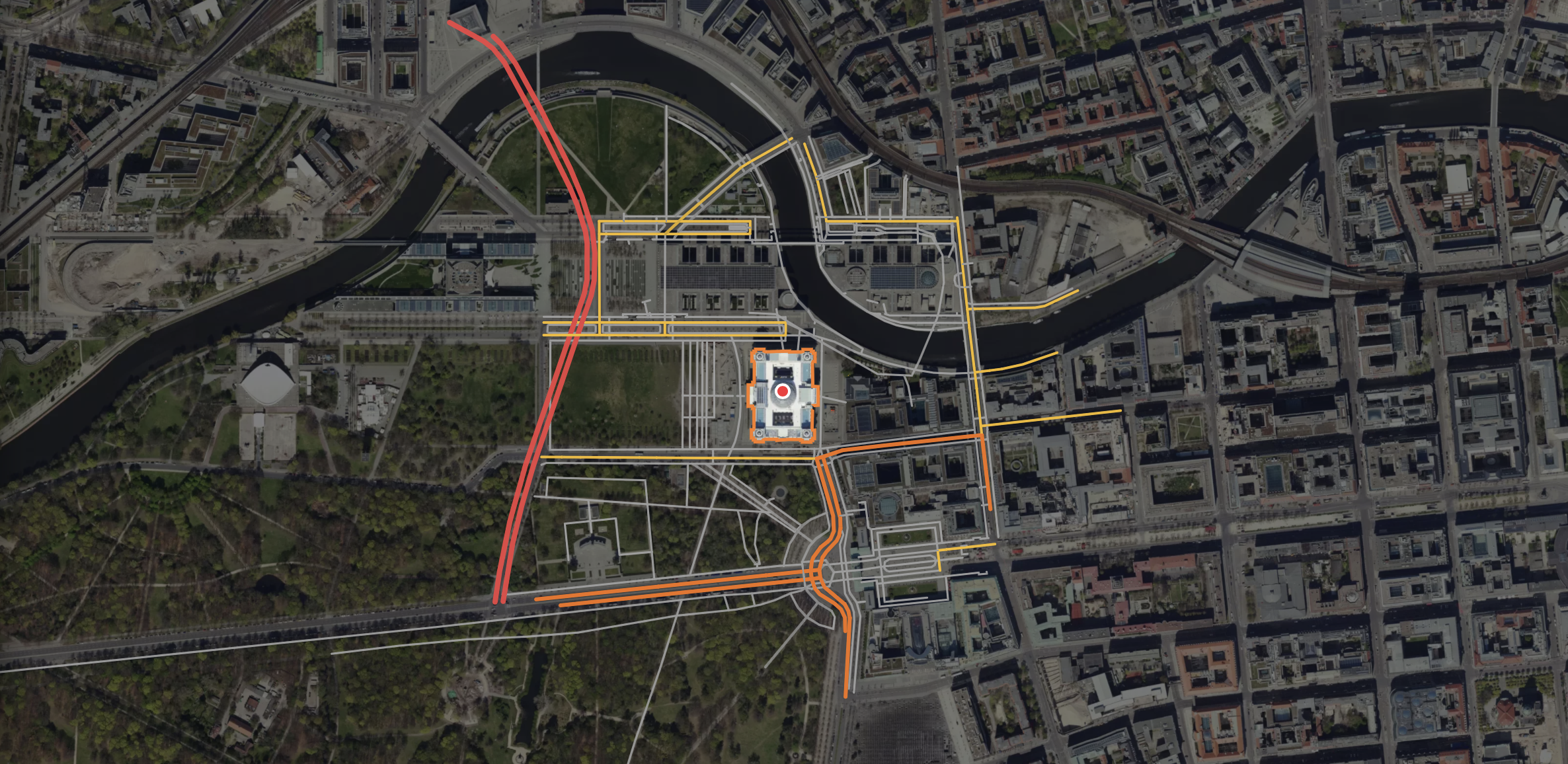 Every road, access point, and loading zone classified.